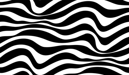 Curved black and white stripes in a dynamic abstract pattern. Seamless pattern vector. Optical illusion background.