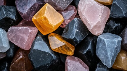 Naklejka premium A pile of colorful rocks with a mix of black, pink, yellow, and brown