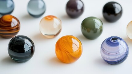A collection of glass balls with different colors and patterns