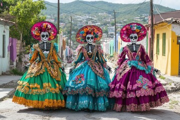Obraz premium Catrinas wearing colorful dresses are celebrating day of the dead in mexico