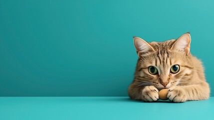 Obraz premium Tabby cat with large green eyes playing with round toy on turquoise background, displaying focus and curiosity in a minimalist setting.