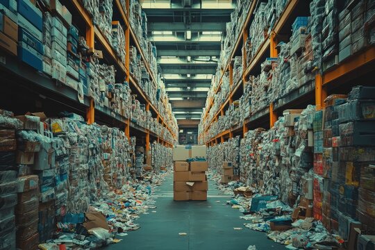 Messy warehouse with overflowing shelves and scattered trash on floor