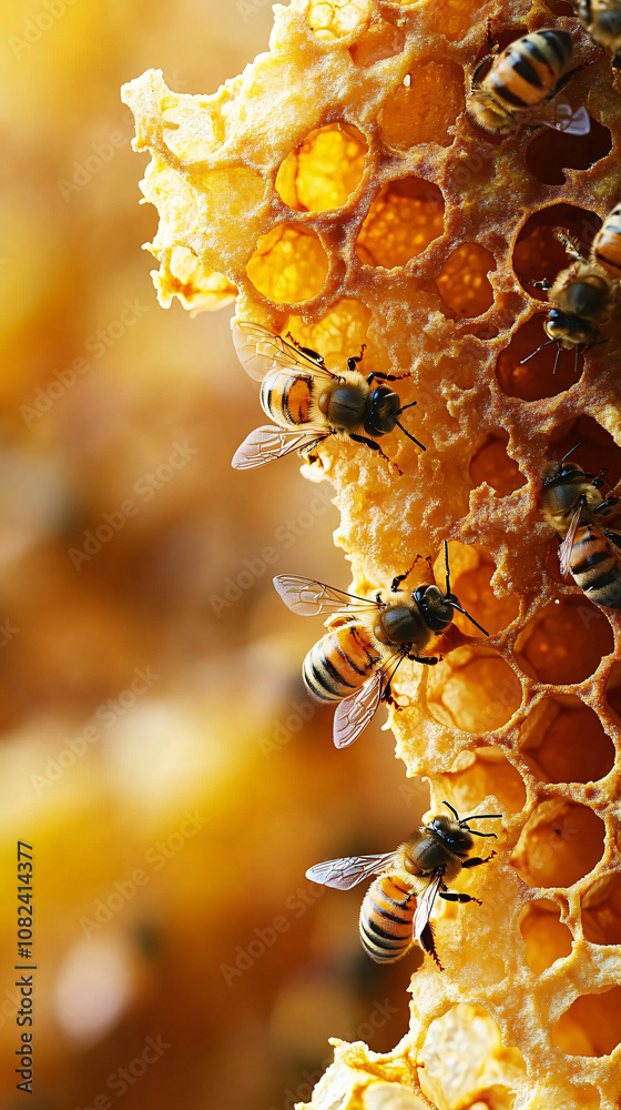 Poster close-up of honey bees busy on a fresh honeycomb with a blurred backdrop