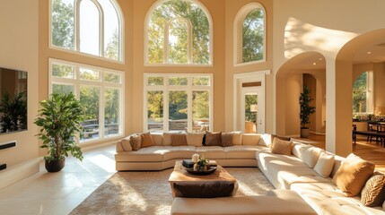 Cozy, modern living room with curved sofas, arched windows, beige walls, designed with warm tones and inviting space