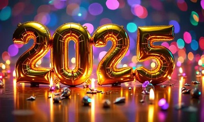 Gold foil balloons in the shape of 2025 snow holiday decorations, Christmas video and greeting card, holiday - Powered by Adobe