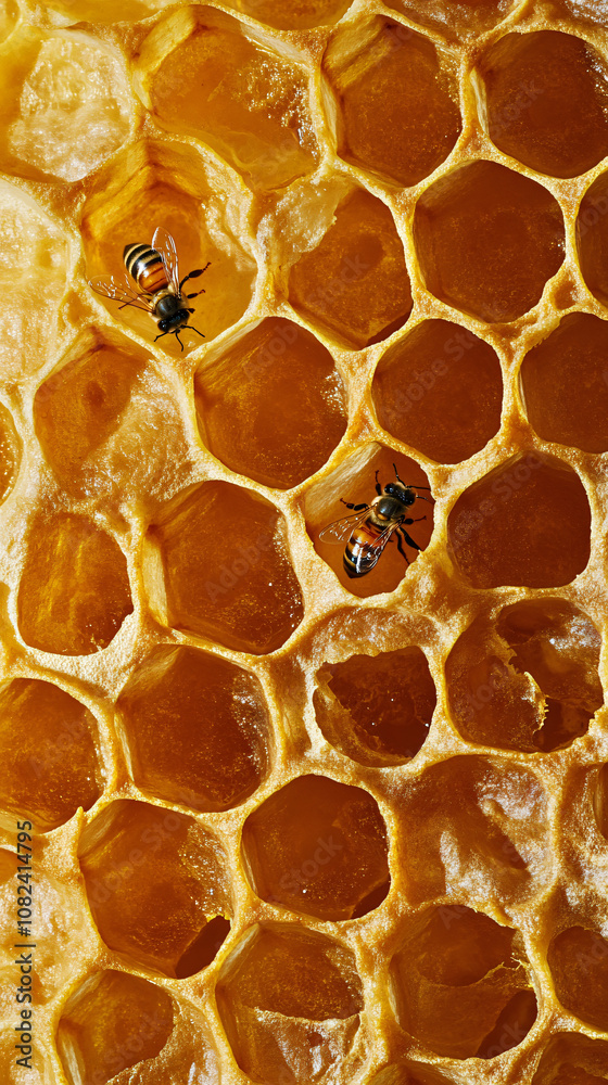 Poster Close-up view of busy honey bees gathering nectar and pollen on a honeycomb filled with golden honey, with a hexagonal wax pattern in the background