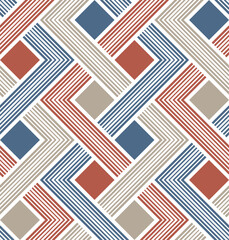 Abstract seamless geometric pattern with orange, blue, and beige zigzag intertwined lines on a white background. Contemporary modern style. Vector illustration.
