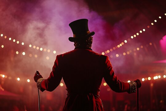 Back view of a traditional circus ringmaster with top hat, holding a whip, facing center ring, dramatic spotlight, smoky air, close-up 2