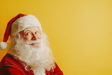 A close-up of a surprised Santa Claus, highlighting a whimsical and festive holiday expression, against a vintage yellow background.