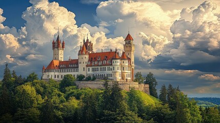 Fototapeta premium Breathtaking View of a Majestic Castle Surrounded by Lush Green Forests Under a Dramatic Sky with Dynamic Clouds and Sunlit Peaks
