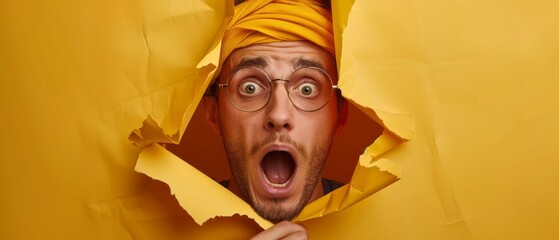 A vibrant image shows a young man peering through a torn yellow paper with a surprised expression. He wears glasses, a headscarf, and a goatee beard, exuding excitement and curiosity.