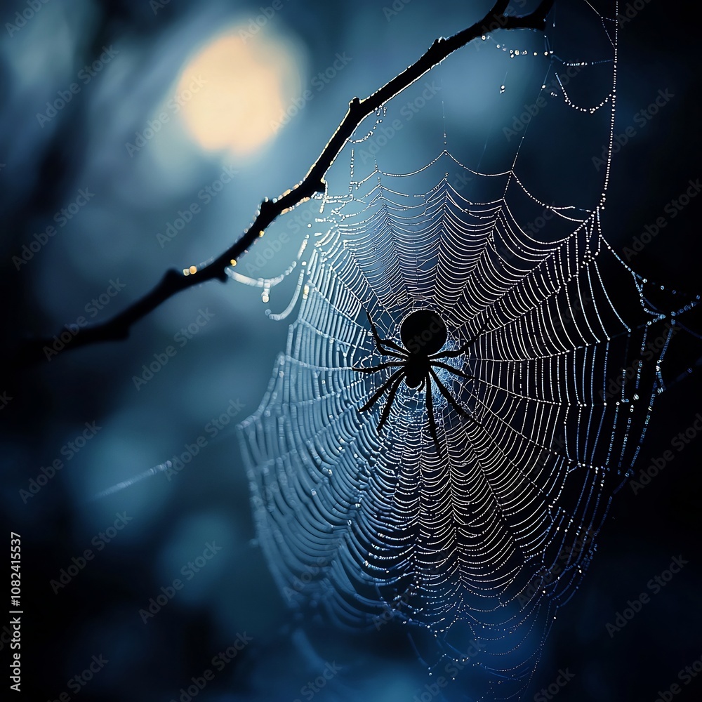 Wall mural glowing spider s enchanting web shimmering in moonlit mist