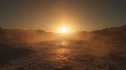 Fototapeta premium Surreal Landscape at Sunrise with Golden Light and Dust Clouds in a Dramatic Mountainous Terrain Capturing the Essence of Nature's Majesty and Calmness