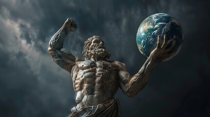 A powerful statue of a muscular figure holding the Earth, representing strength and dominion over the planet.