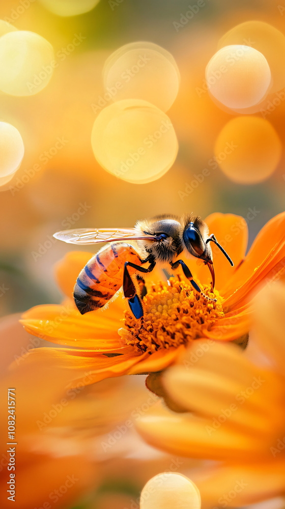 Poster bee collects pollen on an orange flower in a garden with a beautiful bokeh background