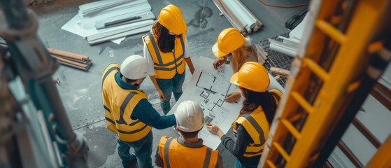 Fototapeta premium Engineers in safety gear review a blueprint at a construction site. A figure holds plans while surrounded by a ladder, wall, and staircase,