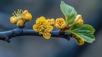 Close-up of a branch with yellow flowers and green leaves.