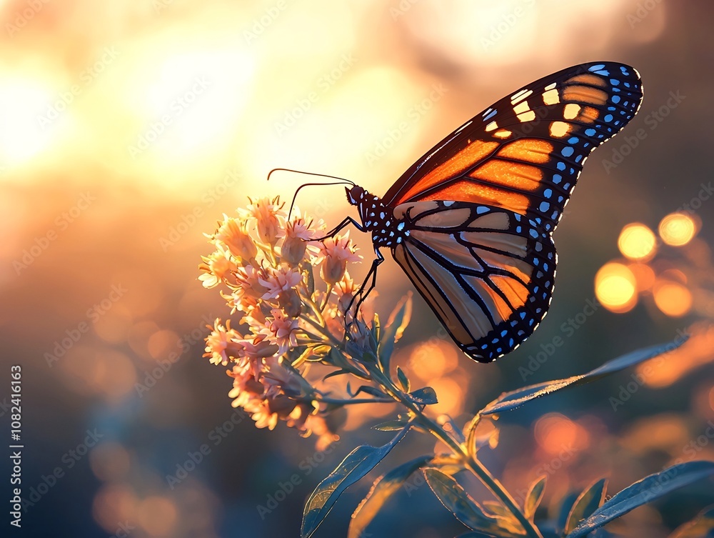 Wall mural Monarch Butterfly Resting on Glowing Flower in Tranquil Garden Scene