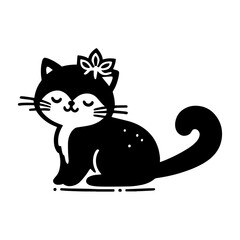 Cute black cat with a flower on its head silhouette art style vector
