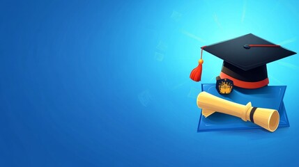 illustration of degree hat with diploma on blue background and copy space