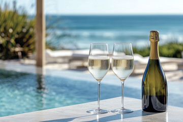 A bottle of sparkling wine and glasses served by the beach pool