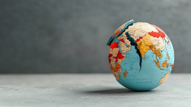 The trade war is affecting global exports, A cracked globe rests on a surface, highlighting the Earth's continents with vibrant colors against a muted background, symbolizing fragility and global issu