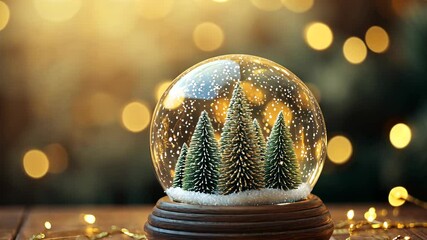 A snow globe with a winter scene sits on a wooden table with string lights - Powered by Adobe