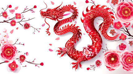 chinese new year illustration, vector banner with a red chinese new year snake on a white background