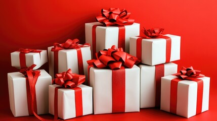 Obraz premium A Festive Collection of White Gift Boxes with Red Ribbons and Bows on a Vibrant Red Background Perfect for Holiday Celebrations and Gift Giving Moments