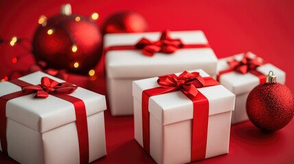 Obraz premium Festive Arrangement of Gift Boxes with Red Ribbons on Red Background Surrounded by Christmas Ornaments and Twinkling Lights for Holiday Celebrations
