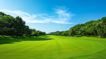 A serene golf course under a clear blue sky, Pristine greens and neatly arranged clubs, Modern landscape style