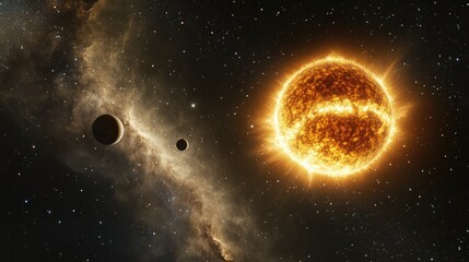 Stunning Cosmic Scene Featuring a Bright Star and Orbiting Planets Amidst a Vast Galaxy with Nebula and Stars in a Mystical Universe