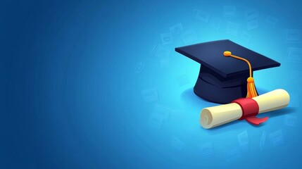 illustration of degree hat with diploma on blue background and copy space