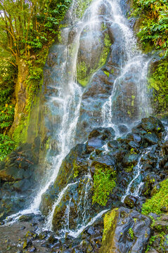 A long exposure view of multiple waterfalls at the Ribeiria waterfalls on the island of Sao Miguel in the Azores in summertime