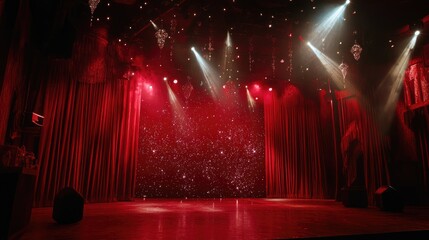 Vibrant Red Stage with Spotlights and Glittering Background Perfect for Theatrical Performances, Concerts, and Dance Events in a Lavish Venue Setting