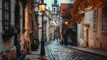 Obraz premium A serene cobblestone street in a historic city, lined with charming buildings and autumn foliage.