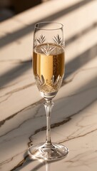 Champagne Glass with Engraved Patterns and Light Golden Sparkling Drink on a Marble Surface