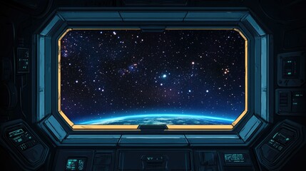 Obraz premium A Stunning View of Earth and Starry Space from a Sci-Fi Spacecraft Window with Vibrant Colors and Detailed Cosmic Elements