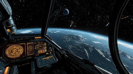 Futuristic Spacecraft Cockpit Interior with Control Panels Overlooking Earth and Celestial Bodies in the Vastness of Outer Space