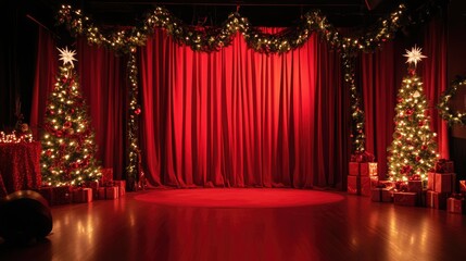 Festive Holiday Stage Setup with Red Curtains, Christmas Trees, and Wrapped Gifts, Perfect for Celebrations, Parties, and Seasonal Events