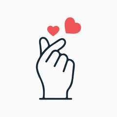 The finger heart symbol, a popular Korean gesture of affection, depicted as an icon. It's a hand gesture that forms a heart shape and is often used to express love and appreciation.