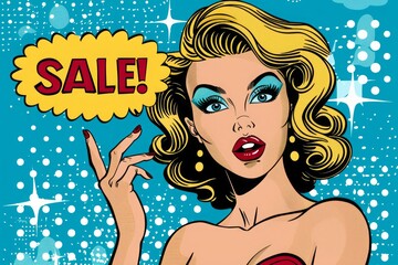 Comic style woman with blonde hair and dramatic makeup announcing 'Sale!' in a speech bubble on blue starry halftone background. Pop art design for advertisement, poster, or banner.  Generative AI