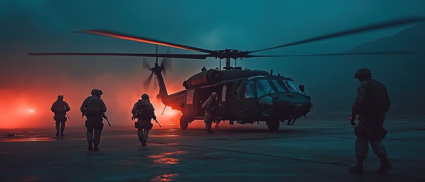 Military personnel approach a helicopter during a misty night operation at a secluded airfield