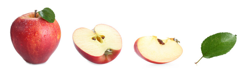 Whole and sliced red apple isolated on white