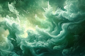Abstract green and yellow swirling clouds with a celestial feel.