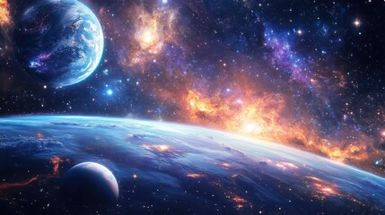 Obraz premium Stunning Cosmic Landscape with Vibrant Nebulae, Distant Planets, and Glowing Celestial Bodies in Colorful Interstellar Space Scene