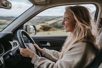 Naklejka premium Young blonde woman laughing while driving a car, passing through a peaceful countryside with rolling hills, green fields, and golden sunlight during the day 1