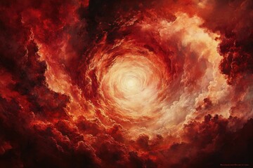 Obraz premium A swirling vortex of red and orange clouds with a bright light in the center.