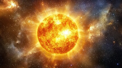 Obraz premium Radiant Sun in Cosmic Background with Fiery Solar Flare, Capturing the Beauty of Stars and Galaxies in Expansive Universe, Perfect for Science and Astronomy Themes