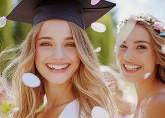 Two happy graduates smiling broadly, celebrating their achievement in a sunlit outdoor ceremony with confetti